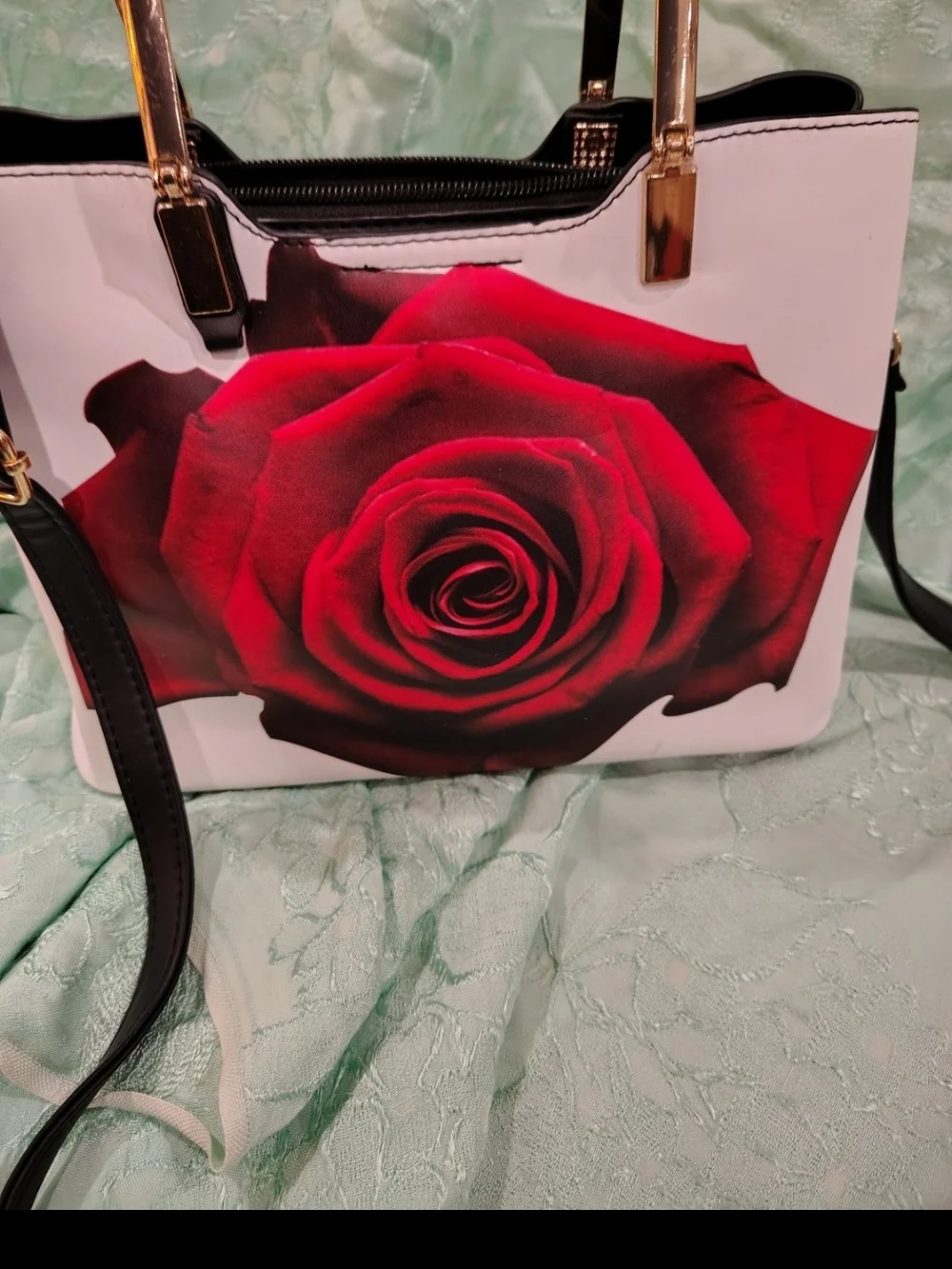White Shoulder Bag with Red Rose Print and Black Trim
